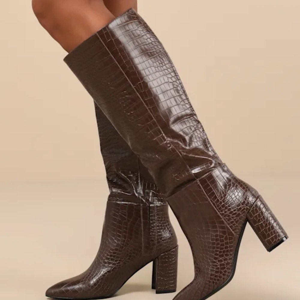 Espresso Croc Pointed-Toe Knee High Boots